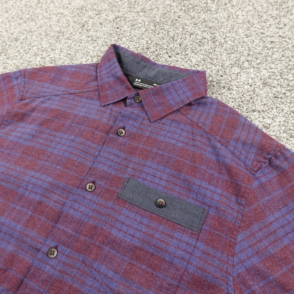 Under Armour Shirt Mens M Red Blue Plaid Flannel Button Up Long Sleeve Outdoor